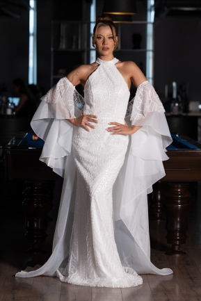 Standesamtkleid Lang Perlenbesetzt Weiß ABU6348