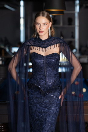 Abendkleid Lang Perlenbesetzt Marineblau ABU6377