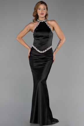 Standesamtkleid Lang Satin Schwarz ABU6396