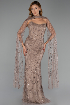 Abendkleid Lang Perlenbesetzt Hellbraun ABU6401