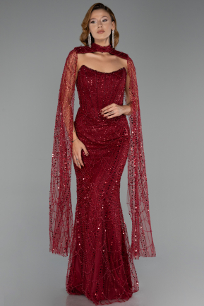 Abendkleid Lang Perlenbesetzt Weinrot ABU6401
