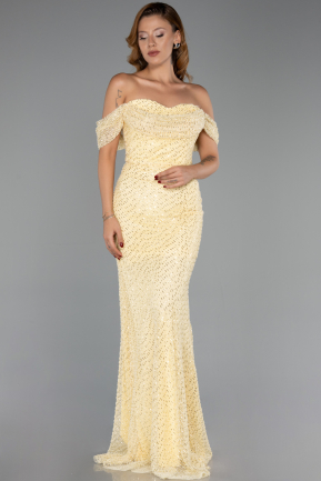 Abendkleid Lang Perlenbesetzt Gelb ABU6411
