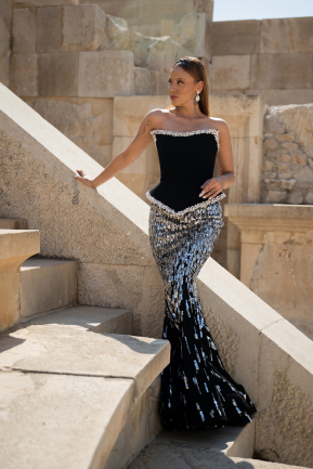 Designer Abendkleid Lang Schuppig Schwarz ABU5953