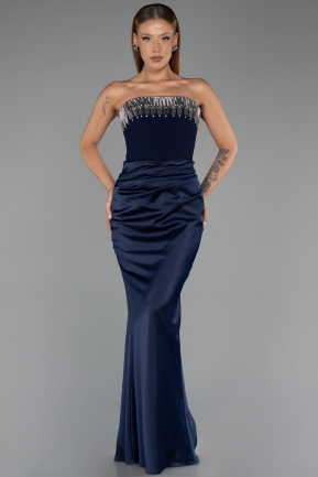 Abendkleid im Meerjungfrau-Stil Lang Satin Marineblau ABU5820