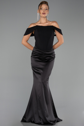 Abendkleid im Meerjungfrau-Stil Lang Satin Schwarz ABU6525