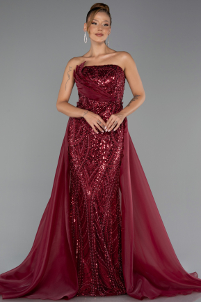 Abendkleid Lang Perlenbesetzt Weinrot ABU5511