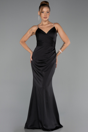 Abschlusskleid Lang Satin Schwarz ABU6499