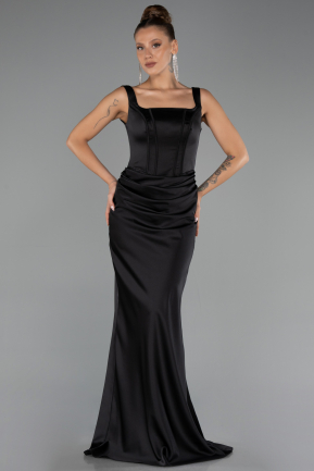 Abschlusskleid Lang Satin Schwarz ABU6542