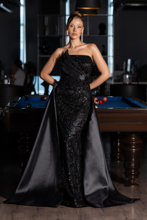 Abendkleid Lang Perlenbesetzt Schwarz ABU5511