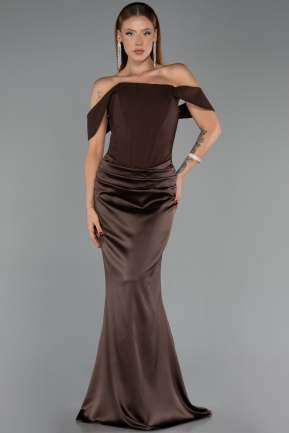 Abendkleid im Meerjungfrau-Stil Lang Satin Braun ABU6525