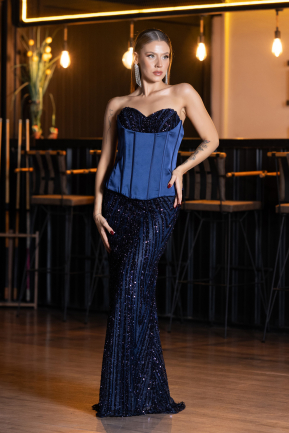 Abendkleid Lang Schuppig Marineblau ABU6556