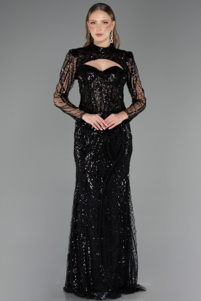 Abendkleid Lang Perlenbesetzt Schwarz ABU6564