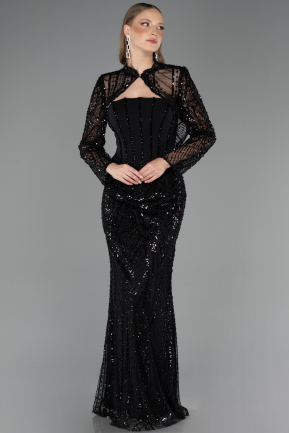 Abendkleid Lang Perlenbesetzt Schwarz ABU6567