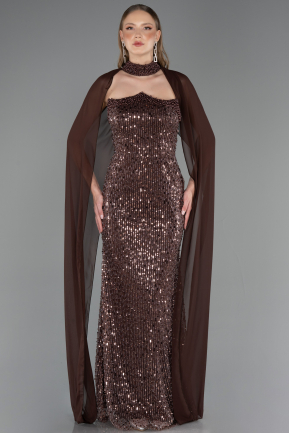 Abendkleid Lang Perlenbesetzt Hellbraun ABU6569