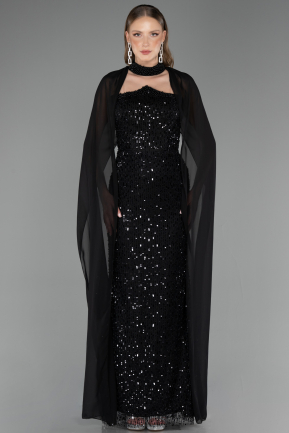 Abendkleid Lang Perlenbesetzt Schwarz ABU6569