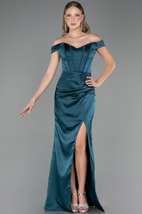 Abendkleid im Meerjungfrau-Stil Lang Satin Petrolgrün ABU6574