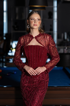 Abendkleid Lang Perlenbesetzt Weinrot ABU6567