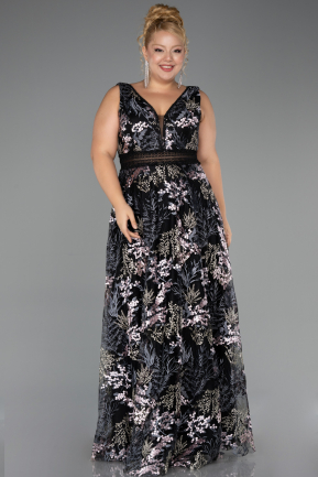 Abendkleid in Übergröße Lang Guipure Spitze Schwarz ABU4261