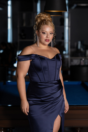 Abendkleid in Übergröße Lang Satin Marineblau ABU6577