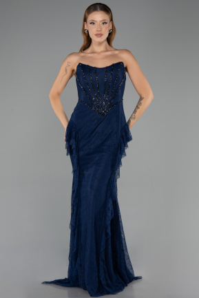 Abendkleid im Meerjungfrau-Stil Lang Spitze Marineblau ABU6621