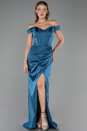 Abschlusskleid Lang Satin Petrolblau ABU6574