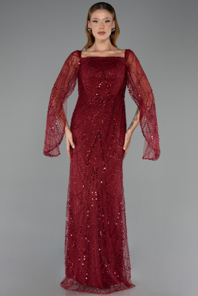 Abendkleid Lang Perlenbesetzt Weinrot ABU5066
