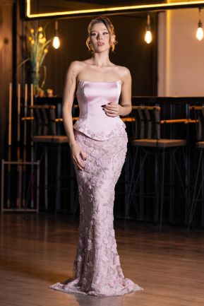 Abendkleid Lang Spitze Puder ABU6656