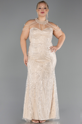 Abendkleid in Übergröße Lang Perlenbesetzt Beige ABU6632