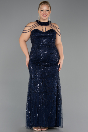 Abendkleid in Übergröße Lang Perlenbesetzt Marineblau ABU6632