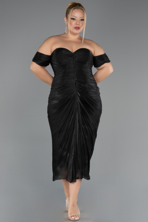 Einladungskleid In Übergröße Midi Chiffon Schwarz ABK2701