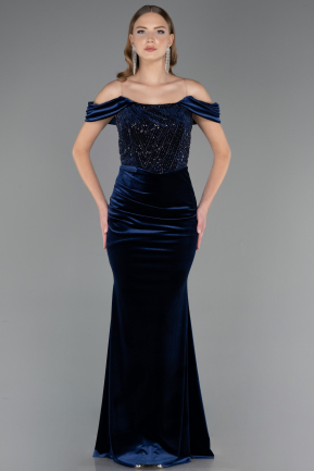 Abendkleid Lang Samt Marineblau ABU6664
