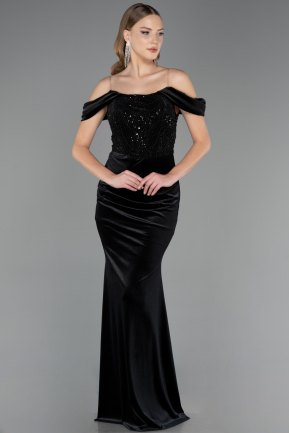 Abendkleid Lang Samt Schwarz ABU6664