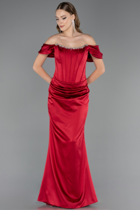 Abendkleid im Meerjungfrau-Stil Lang Satin Weinrot ABU6090