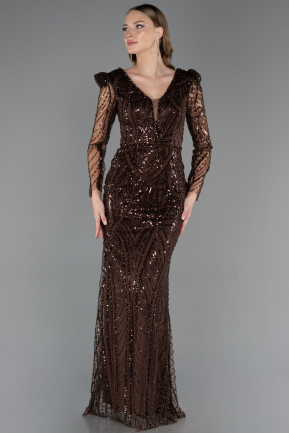 Abendkleid Lang Perlenbesetzt Braun ABU6660