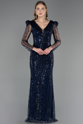 Abendkleid in Übergröße Lang Perlenbesetzt Marineblau ABU6661