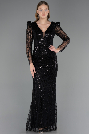Abendkleid Lang Perlenbesetzt Schwarz ABU6660
