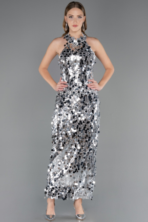 Abendkleid Lang Schuppig Silber ABU6676