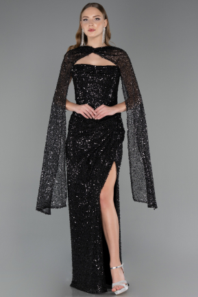 Abendkleid Lang Perlenbesetzt Schwarz ABU6679