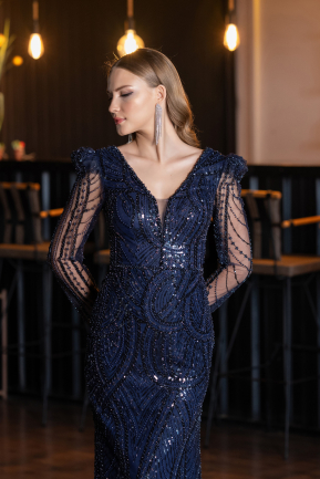 Abendkleid Lang Perlenbesetzt Marineblau ABU6660
