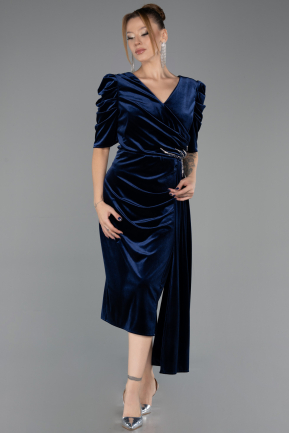 Plus Size Samt Abendkleider Midi Samt Marineblau ABK2706