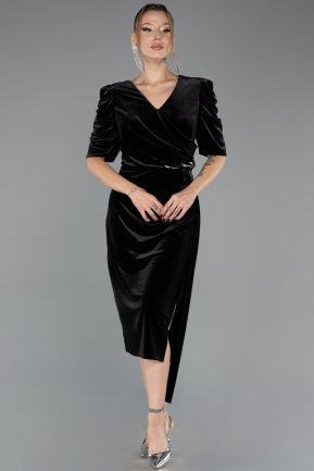 Plus Size Samt Abendkleider Midi Samt Schwarz ABK2706
