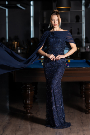 Standesamtkleid Lang Perlenbesetzt Marineblau ABU5816