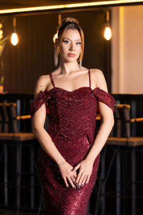 Abendkleid im Meerjungfrau-Stil Lang Spitze Weinrot ABU6693