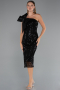 Abendkleid Midi Perlenbesetzt Schwarz ABK2424