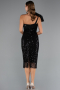 Abendkleid Midi Perlenbesetzt Schwarz ABK2424