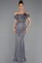 Anthrazit Abendkleid Perlenbesetzt Lang ABU5183