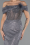 Anthrazit Abendkleid Perlenbesetzt Lang ABU5183