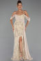Abendkleid Lang Perlenbesetzt Beige ABU5316