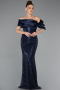 Abendkleid Lang Perlenbesetzt Marineblau ABU5434