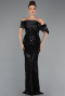 Abendkleid Lang Perlenbesetzt Schwarz ABU5434